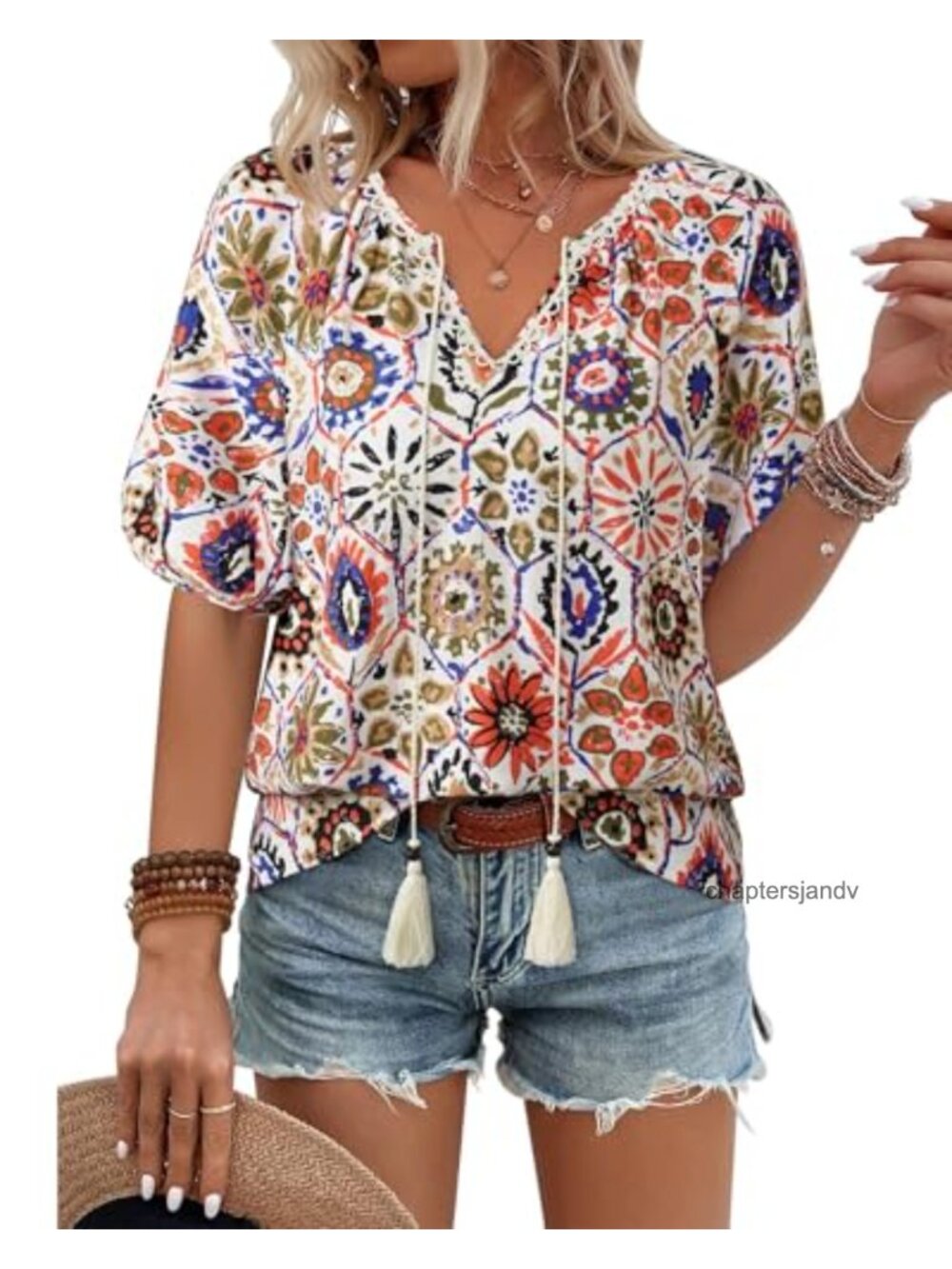 Boho Floral V-Neck Short Sleeve Blouse Tie Front Lantern Sleeve